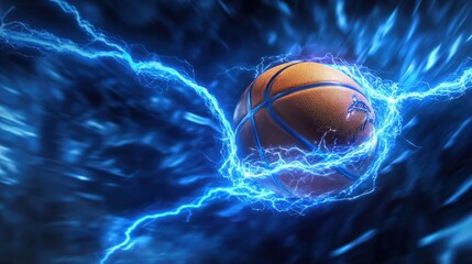 A basketball glowing with blue lightning bolts, capturing the intensity and speed of the game