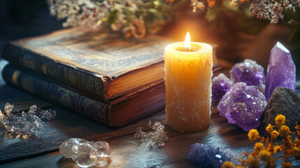 Magic background. Burning candles, magic books, tarot cards, crystals on dark table. Mystic atmosphere. fortune telling, Mysterious tarot reading setup with candles and crystals for divination