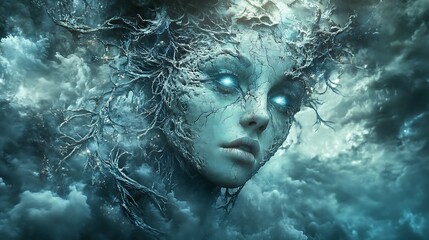 Wall Mural - A woman's face with glowing blue eyes is formed by tree branches against a stormy sky.