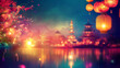 © Akash - Joyful Vesak background with colourful lanterns, peaceful temples, and soft glowing light