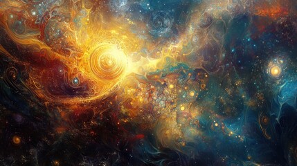 Wall Mural - Abstract space with a glowing sun and swirling nebulae.