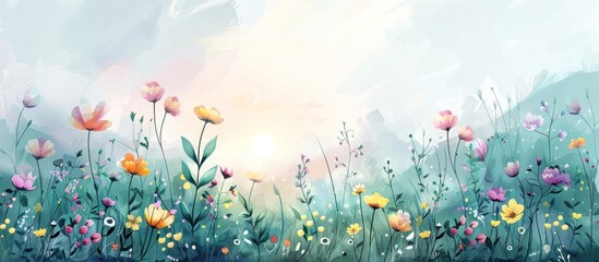 Wall Mural - Vibrant colorful floral meadow with lush foliage and blooming flowers in a serene spring or summer landscape background  Peaceful tranquil natural scenery with a pastoral idyllic atmosphere