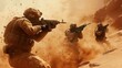 © B 7 YOU - Three soldiers in desert combat with dust kicking up around them.