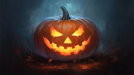 A bright and cheerful jack-o'-lantern illustration, capturing the classic Halloween spirit with glowing eyes and a wide grin