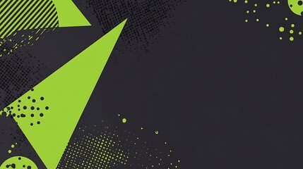 Poster - Abstract geometric design with green triangles, circles, and lines on a dark background.