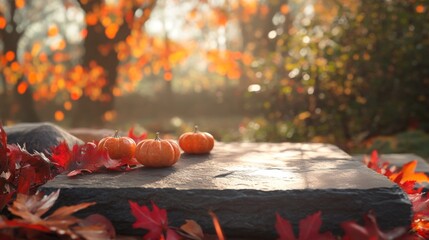 Poster - Three small pumpkins rest on a stone surface surrounded by bright red autumn leaves, illuminated by warm sunlight