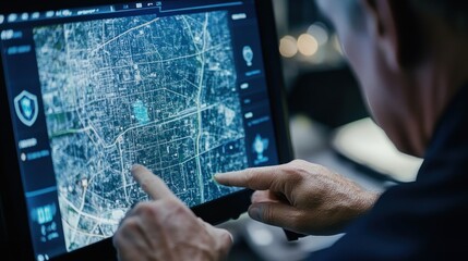 Poster - A person interacts with a digital map on a screen, analyzing urban data and locations.