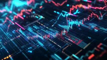 Complex data visualization of global stock markets, interconnected line graphs, 3D charts, and floating data streams in a futuristic design