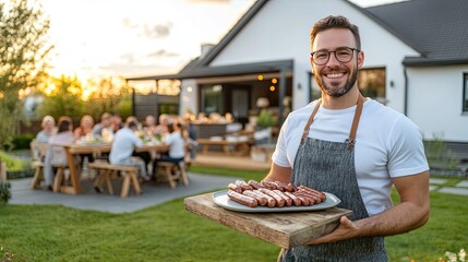 A cheerful man in his thirties, wearing glasses, enjoys a summer evening with friends by a modern wooden house, showcasing a delicious meat platter against a beautiful sunset backdrop