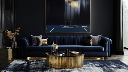 Wall Mural - Luxurious living room interior with a blue velvet sofa, a gold coffee table with marble top, and a black and gold abstract painting.