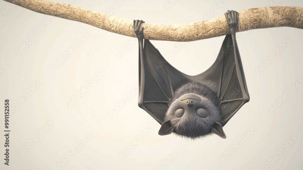 Ilustrace Cute cartoon bat peacefully sleeps hanging upside down from a ...