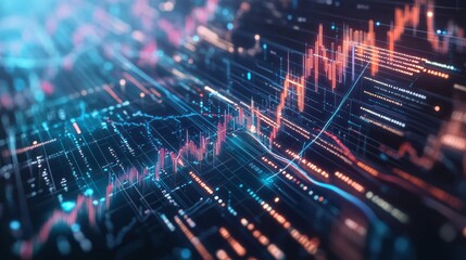 Complex data visualization of global stock markets, interconnected line graphs, 3D charts, and floating data streams in a futuristic design