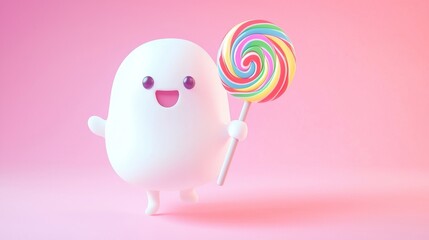 Happy cartoon character skips with a lollipop on a pink background, radiating joy and innocence. Perfect for spreading happiness on social media or greeting cards