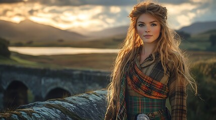 Wall Mural - A Scottish woman dressed in traditional Highland garb,