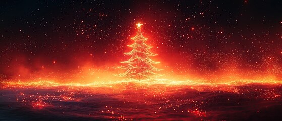 Abstract Christmas tree glowing on a red background with stars.