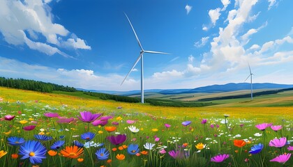 Wall Mural - Vibrant Wildflower Field with Wind Turbines Symbolizing Renewable Energy and Sustainability