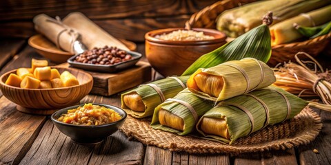 Pamonha corn-based Brazilian food beautifully arranged on a rustic wooden table, selective focus