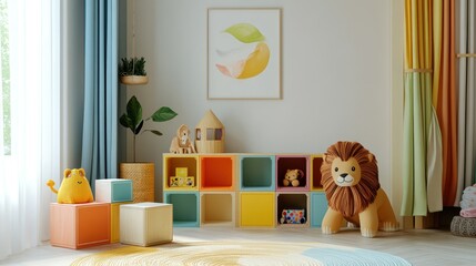 Wall Mural - Colorful, Playful Nursery with a Lion Toy, Storage Shelves, and a Wooden Toy House.