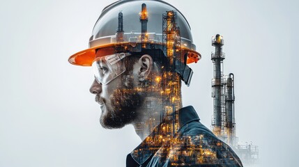 Wall Mural - a double exposure image of a worker in a hard hat with an industrial background.