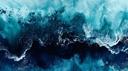 Poster - Swirling shades of turquoise blue and white acrylic paint blend together in this abstract artwork, creating a sense of movement and depth reminiscent of ocean waves