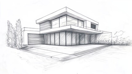 A sketch of a modern architectural design featuring large glass windows and clean lines.