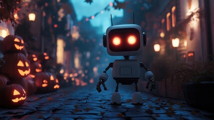 Poster - A high-tech AI robot with glowing eyes, standing in a Halloween-themed setting filled with spooky decorations