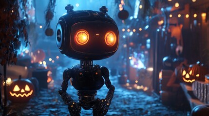 Poster - A high-tech AI robot with glowing eyes, standing in a Halloween-themed setting filled with spooky decorations