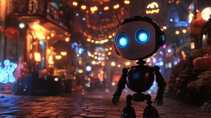 Poster - A high-tech AI robot with glowing eyes, standing in a Halloween-themed setting filled with spooky decorations
