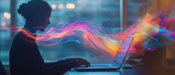Poster - A silhouette of a person working on a laptop, surrounded by colorful digital waves.