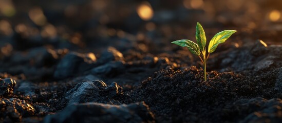 Young Green Plant Seedling Growing in Fertile Soil with Sunlight in the Background