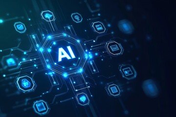 Fototapete - AI technology background and icons of artificial intelligence. Generative AI.