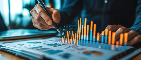 Poster - a person analyzing data with graphs and charts on a clipboard.
