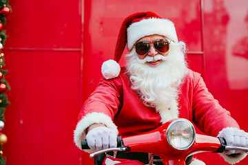 A man dressed as Santa Claus riding a red scooter in front of a red wall