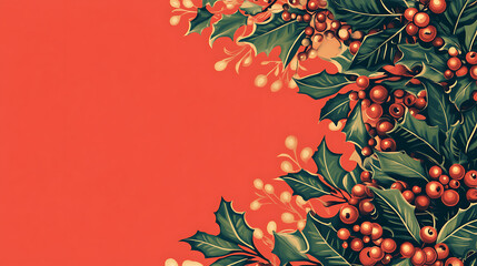 Classic Christmas background with traditional red and green colours, holly, and mistletoe