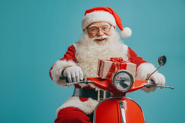 Canvas Print - A man dressed as Santa Claus riding a red scooter with a present