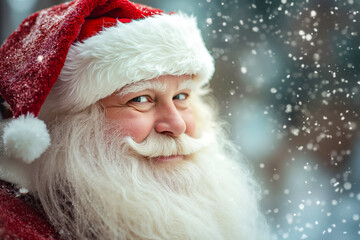 Canvas Print - A close up of a man dressed as Santa Claus in the snow