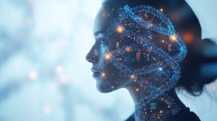 Poster - A silhouette of a woman with a digital DNA helix overlay, symbolizing science and innovation.