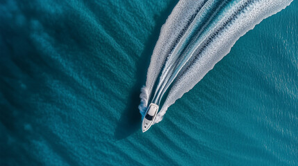 Luxury Speedboat Navigating Through the Azure Ocean, Leaving a Foamy Trail in Its Wake, Captured from Above by a Drone