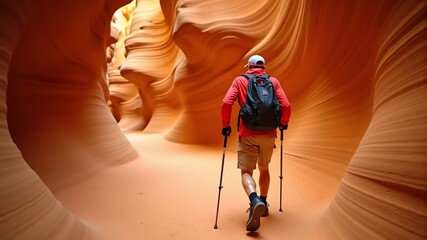 a man with a backpack walks through a desert landscape.