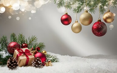 Christmas ornaments, gift box, and pine branches on snow.