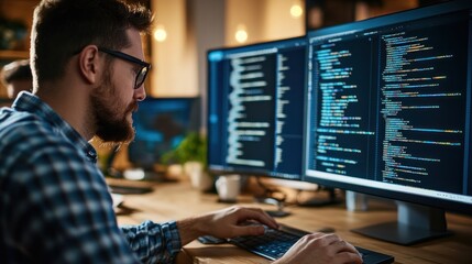 Poster - A programmer working on code with dual monitors in a modern office environment.