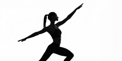 A woman in silhouette practicing a warrior pose during a yoga session, captured against a stark white background, emphasizing her form and posture.