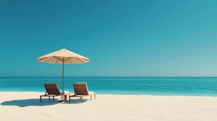 A serene beach scene with two lounge chairs and an umbrella by the calm ocean.