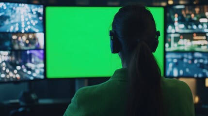 Poster - a person monitors multiple screens, including a green screen, in a control room.