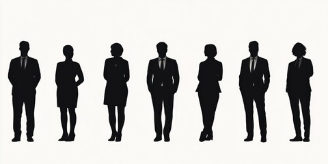 Silhouette of seven business professionals in formal attire, standing in a line, symbolizing corporate teamwork and leadership.