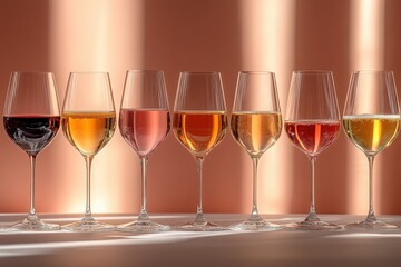 A variety of wine glasses with red, pink, and white wines in soft light