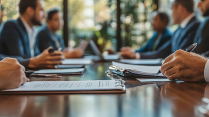 A corporate leader negotiating a high-stakes contract with a team of executives in a conference room