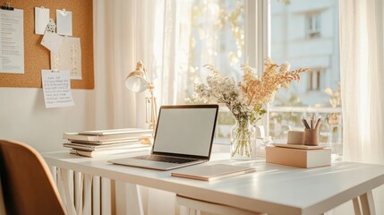 Poster - A cozy workspace with a laptop, books, and flowers, illuminated by natural light.