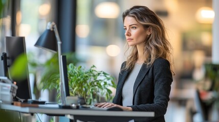 Poster - A woman working at a desk with a computer and plants in a modern office setting.