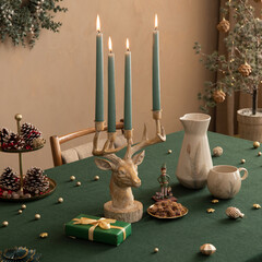 Christmas composition of warm dinning room interior with table,m green tablecloth, brown wall, gifts, cookies, stylish  candle with candlestick and personal accessories. Home decor. Template.